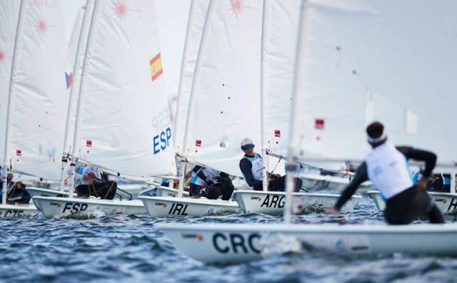 Jamie McMahon (IRL) in a crowded start line in the boys Laser class at the Youth Sailing Worlds in Poland