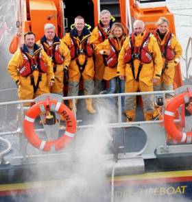 Engines running and ready to launch: RNLI volunteers Simon Oldfield, John Petrie, Jonathan Kelso, Davy Eccles, Carmen Van Der Schyff, coxswain Philip McNamara and Nicky Butler undergoing vital training at the weekend