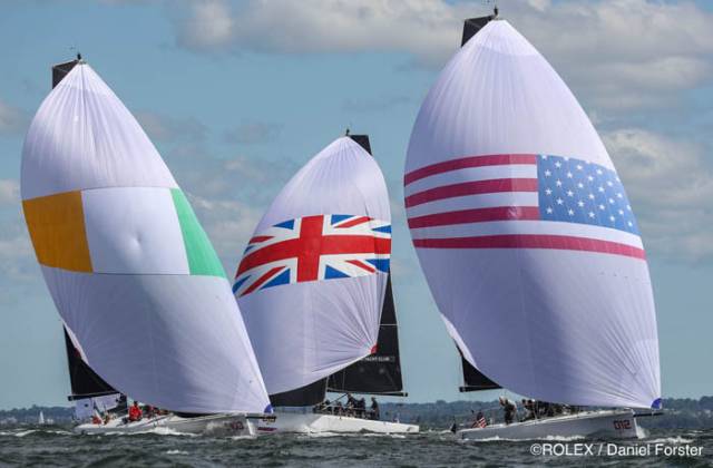Anthony O'Leary's Ireland team (left) seeks the lead at the Rolex New York Yacht Club Invitational Cup in Irish designed IC37s