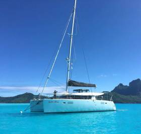 Fifteen thousand miles from Dublin in a magic year of cruising – George &amp; Mary Coombes’ Lagoon 450s Realta Bheag moored off Bora Bora in mid-Pacific in French Polynesia