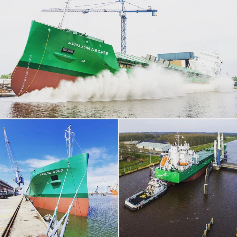 Newbuilds pictorial: Arklow Archer, the latest of a new &#039;A&#039; class series of bulk orientated dry-cargo vessels for the Irish owners Arklow Shipping. At the ship&#039;s launch the customary gathering of the public to view the spectacle was not an option due to Covid-19 health restrictions. Also depicted beneath is another newbuild the W&#039; class Arklow Wood.