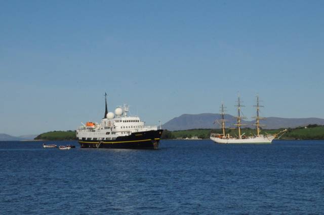 Bantry Bay, Co. Cork looks set to become a must-stop destination for luxury expedition cruises. AFLOAT adds above at anchorage the small luxury expedition cruiseship Serenissima. The former Norwegian 'Hurtigruten' cargo-ferry Harald Jarl, visited in May, had company in the form of a sail trainee tallship Danmark. See below link for related coverage.