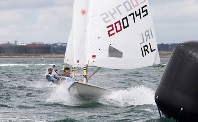 Darragh O'Sullivan (IRL 200745) rounding the gybe mark of the seventh race in the Laser Radial Mens World Championships on Dublin Bay which is being jointly hosted by the Royal St George YC and Dun Laoghaire Harbour Company and runs until Saturday 30th July.