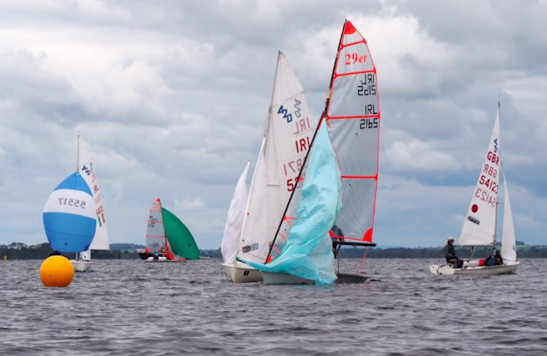 The Double Ree 420 and 29er fleets approach a leeward mark on Lough Ree Yacht Club