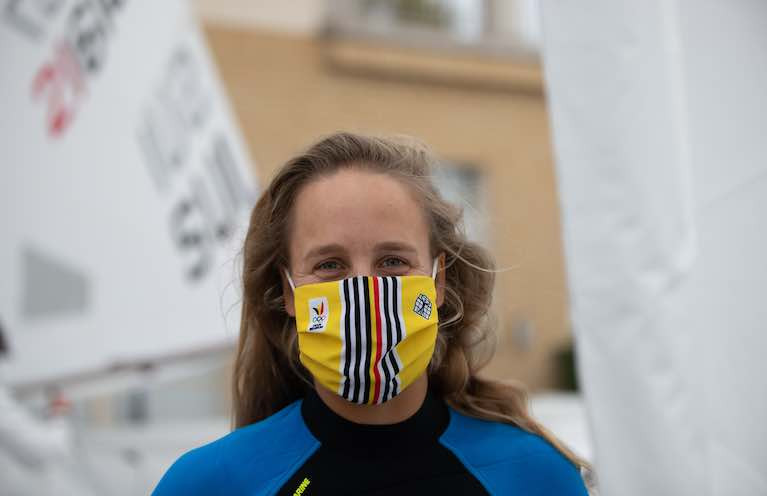 A competitor wearing a face mask at the Senior Laser European Championships &amp; Open European Trophy on Gdansk Bay