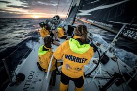 Day 3 of Leg 8 on board Turn the Tide on Plastic, with Liz Wardley on the helm during sunrise