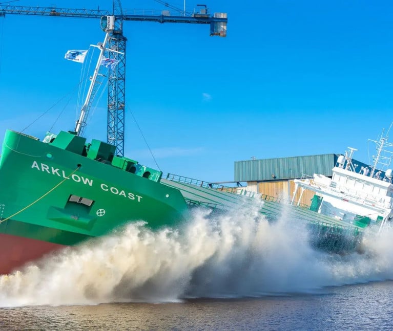Ferus Smit shipyard&#039;s customary sideways launch of a newbuild, the latest Arklow Coast. A ship name first for the Irish shipowner which has a further two cargoships to be built at the Dutch shipyard.