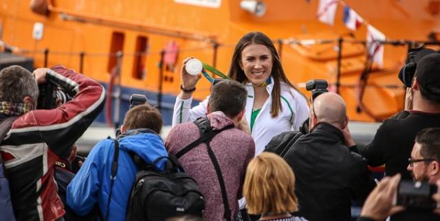 Laser sailor Annalise Murphy poses for photographers with her Olympic Silver medal in Dun Laoghaire