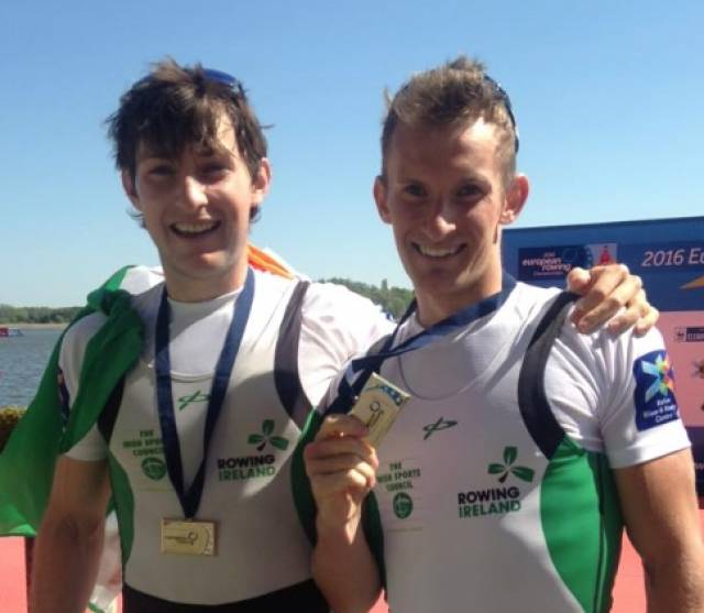 Ireland's lightwieght double, Paul and Gary O'Donovan, with their gold medals after the European Championships. 