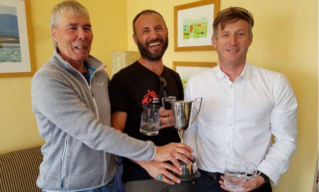 Neil Cramer (Class Chairman, L) with Ismail Inan (C) and Noel Butler (R) 2019 Ulster Fireball Champions