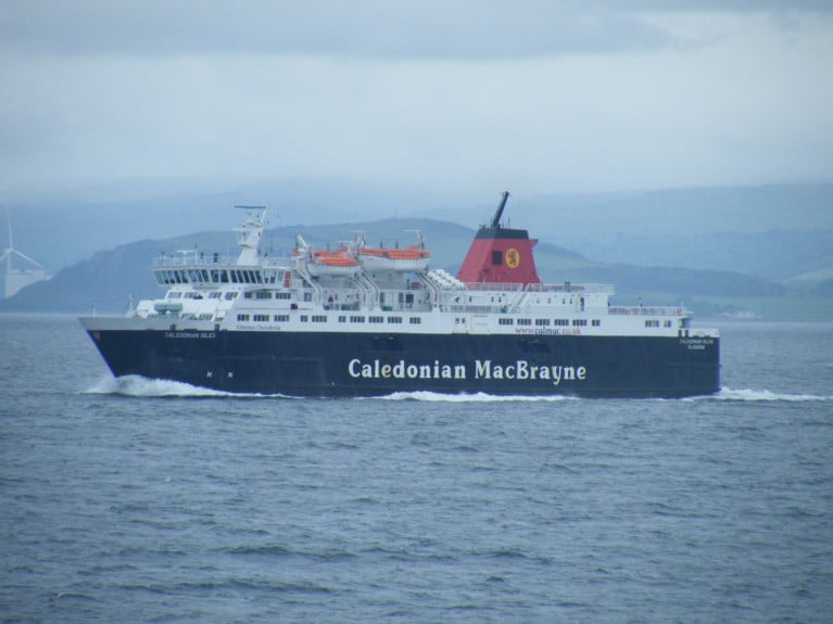 CalMac services on the Firth of Clyde route to and from Arran have resumed after engineers mended the MV Caledonian Isles with the ferry operating earlier than expected.  Above the ferry on CalMac&#039;s busiest route when bound for Brodick having departed Ardrossan in Ayrshire, noting the wind-farm on the mainland coast. 