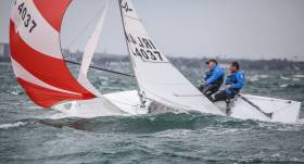 A big gust hits Andy McCleery and Colin Dougan in the last race of the Flying Fifteen Nationals on Dublin Bay