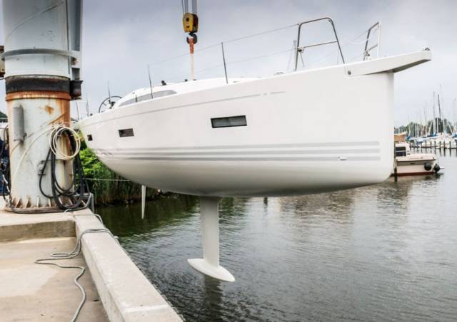 The new X4° lowered into the water at the X-Yachts factory in Denmark