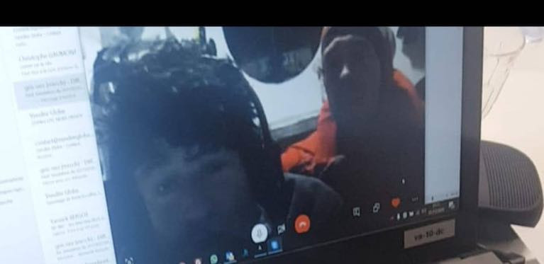 A screen shot of video from onboard Jean Le Cam&#039;s yacht showing the two sailors safe after the rescue mission