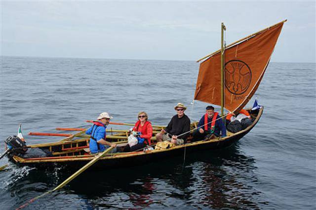 Initial venture. The Kerry currach approaching Iona with her gift of an Irish bible