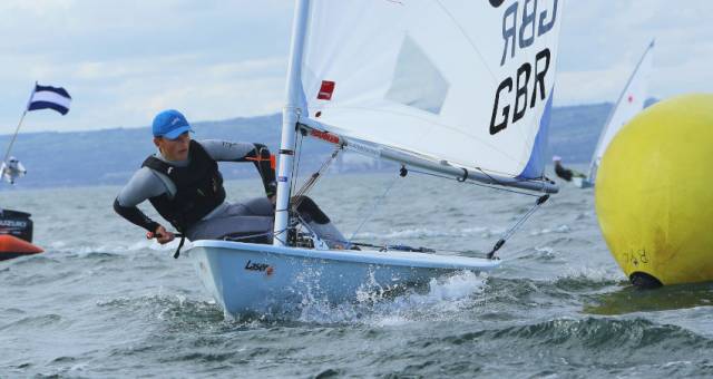 Rounding a mark at the Irish Laser Nationals on Belfast Lough