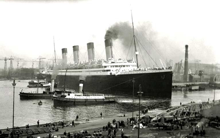 Historic departure – the ill-fated Titanic is manoeuvred out of her berth in Belfast Harbour on April 2nd 1912 to sail for Southampton and her maiden Transatlantic voyage, brought to a tragic end by an iceberg in mid-ocean just twelve days later