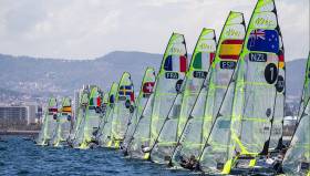 Ireland&#039;s Ryan Seaton and Matt McGovern (No. 99) in the front row of a start at the 49er Euros in Barcelona