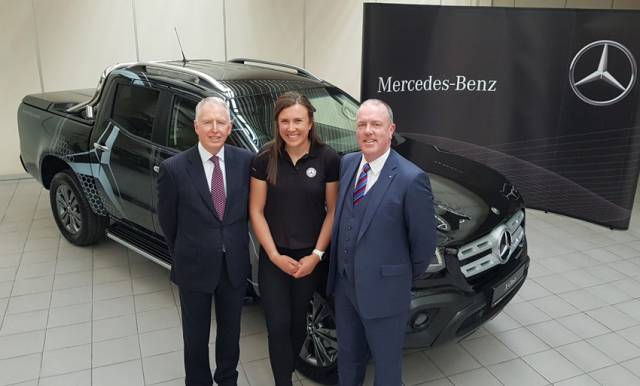 Annalise Murphy with Stephen Byrne and Fergus Conheady of Mercedes-Benz, and her new X-Class pickup which is soon to be a familiar sight at 49er FX sailing events