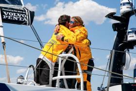 Hugs on deck for the Turn the Tide on Plastic crew in Melbourne after more than 15 days at sea
