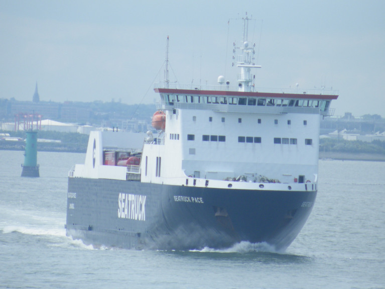 Seatruck Pace in this AFLOAT photo departing in the channel of Dublin Port bound for Liverpool, is among ro-ro freight ferries from today (afternoon) to provide more sailings on the route which also takes 'motorist' passengers.