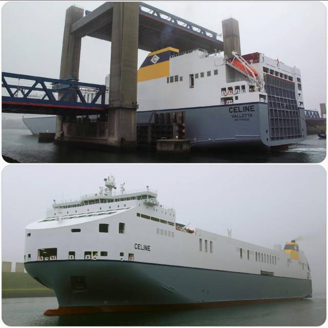 The Valletta registered giant ro-ro Celine is towed astern (top photo /see rope) through a Dutch road-lift bridge having sailed on a delivery voyage from South Korea. The naval architecture of the newbuild is much more akin to a large car-carrier compared to CLnD /Cobelfret's range of other ro-ro currently in service, albeit several ships of recent years.