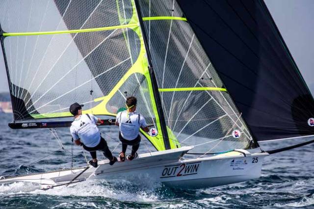 Belfast's Ryan Seaton and Royal Cork's Seafra Guilfoyle competing in the 49er skiff on day two of the Sailing World Cup in Hyeres
