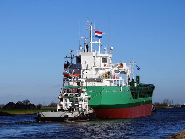 A pair of tugs fore and aft assist newbuild Arklow Venus yesterday along the freshwater Eemskanaal Canal, having departed the inland shipyard in Hoogezand to the salt waters in Delfzijl. Sea trails of the 'V' class short sea trader began today. 