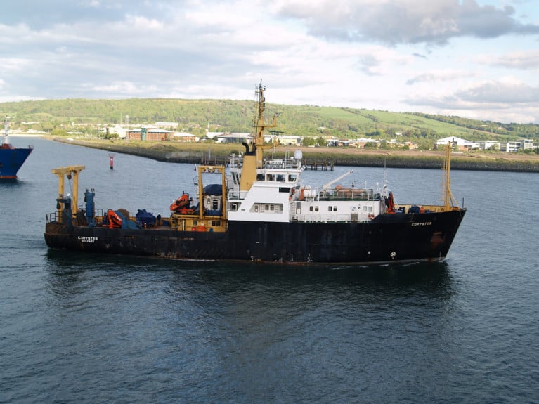 Northern Ireland fishery and research vessel RV Corystes which recently left Cork Dockyard's graving-dock, the Republic's sole surviving facility for 'ships' following the closure of the larger dry-dock in Dublin Port in 2015. The stout and sturdy looking 53m vessel is seen in Belfast Lough and was built for previous owners in 1988 at a shipyard across the other side of the North Channel along the Firth of Clyde at Ferguson Ailsa shipyard in Troon, Scotland.