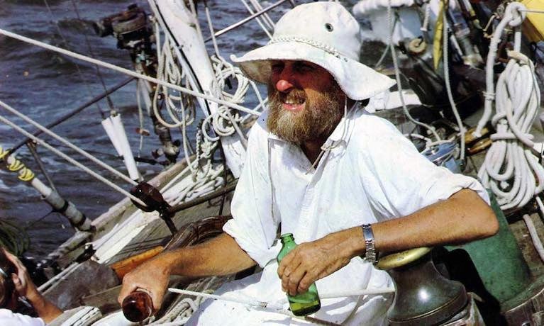 The Caribbean Don Street, at the helm of his beloved vintage yawl Iolaire in idyllic Trade Wind sailing conditions