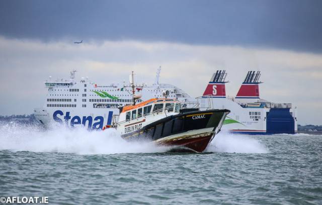 The Dublin Port Pilot vessel, Camac (foreground) and the Stena Adventurer, a large roll on/roll off passenger ferry operating on the Holyhead - Dublin route. Cargo volumes into Dublin Port have risen again for the first nine months of 2018