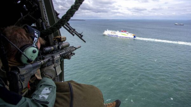 An elite Irish military unit conducted a counter terrorism exercise involving a staged hijacking of a (Stena Line) ferry when bound for Dublin Port. AFLOAT adds the exercise took place in the approaches of Dublin Bay and during a routine morning crossing of the E-Flexer class ro-pax Stena Estrid from Holyhead. Also above on the left is Howth Peninsula while on the right a ro-ro freightferry from operator Seatruck is also bound for the capital. 