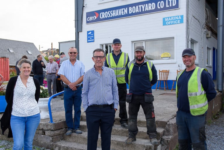 Matt Foley, centre, is congratulated on his retirement from Crosshaven Boatyard by colleagues Judy Phillips, Hugh Mockler, Joe Berry, Mark Lewis and Steve O'Sullivan