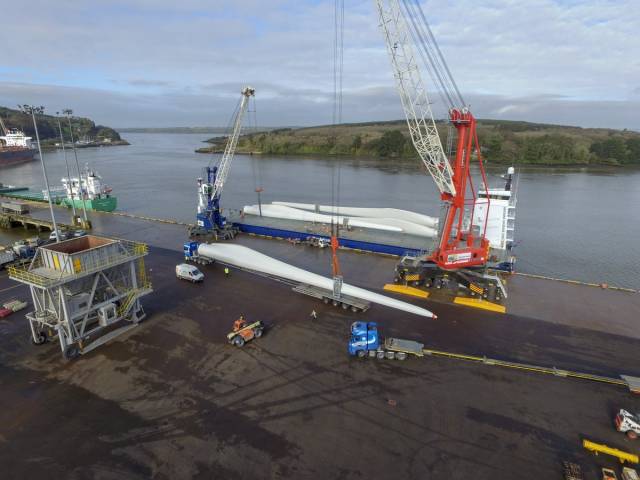 Handling of wind-turbine blades from a vessel docked at Foynes Port, Co. Limerick, the main port on the Shannon Estuary is part of SFPC operations.  