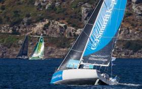 Tom Dolan with his Figaro 2 Smurfit Kappa nicely in the groove as as the fleet shapes up to take on the long slow beat across the Bay of Biscay. Photo Figaro URGO Solo