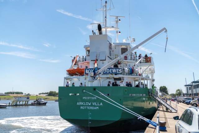 Dignitaries and guests attending the christening ceremony of Arklow Villa in Delfzijl, Netherlands. This is the final of 10 short-sea Royal Bodewes 5,170dwt Eco-Traders that were built since 2015. 
