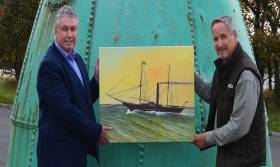 Drogheda artist Raymond Balfe (right) has brought the famous paddle steamer ‘Town of Drogheda’ back to life in an oil painting to commemorate the vessel&#039;s 190th anniversary. Pictured left is Paul Fleming DPC CEO
