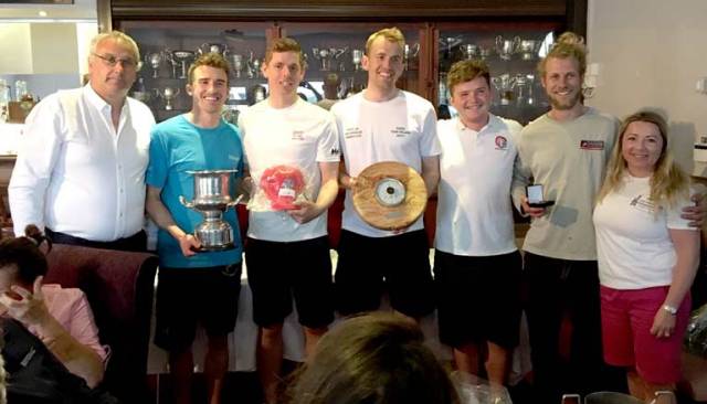 Sailors of the month - J24 National National Champions Headcase Sam O’Byrne, Cillian Dickson, Marcus Ryan, Ryan Glynn, Louis Mulloy. The Commodore of Lough Erne Yacht Club John Carton and Head of the Organising Committee June Clarke are pictured at either end Photo: Martin Denneny/LEYC
