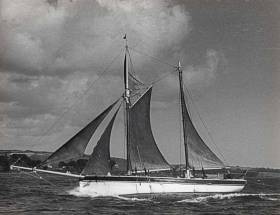 Work on re-building Conor O’Brien’s Saoirse has begun in West Cork. Meanwhile, the noted world-girdler’s capacity for speed has always been a matter of interest – this photos of her at full chat off the coast of Cornwall was taken in the 1950s by another noted circumnavigator, Eric Hiscock