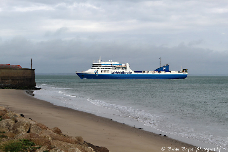 The latest &#039;Brexit Bypass&#039; freight-ferry to enter DFDS&#039;s Rosslare Europort-Dunkirk, the chartered Pelagos is today making a first round trip on the direct route to continental mainland Europe. The smart livery of the Marseille based owners La Méridionale is seen as the &#039;Visentini&#039; shipyard series ro-pax approaches Rosslare during its maiden inbound crossing on Thursday from Dunkirk. The second ferry from the &#039;Med&#039;, Mega Express Four operates for Irish Ferries Dublin-Cherbourg route (at weekends) in addition W.B. Yests, to provide much in demand freight-capacity. The Corsica Ferries vessel arrived in Cherbourg at lunchtime (Irish time) today, whereas Pelagos continues on the English Channel and is yet to transit the Strait of Dover (see: Irish Ferries to launch new service) before reaching Dunkirk.