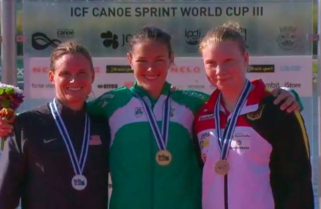Jenny Egan with her gold medal from the World Cup in Portugal. Margaret Hogan of the US took silver and Melanie Gebhardt of Germany bronze. 