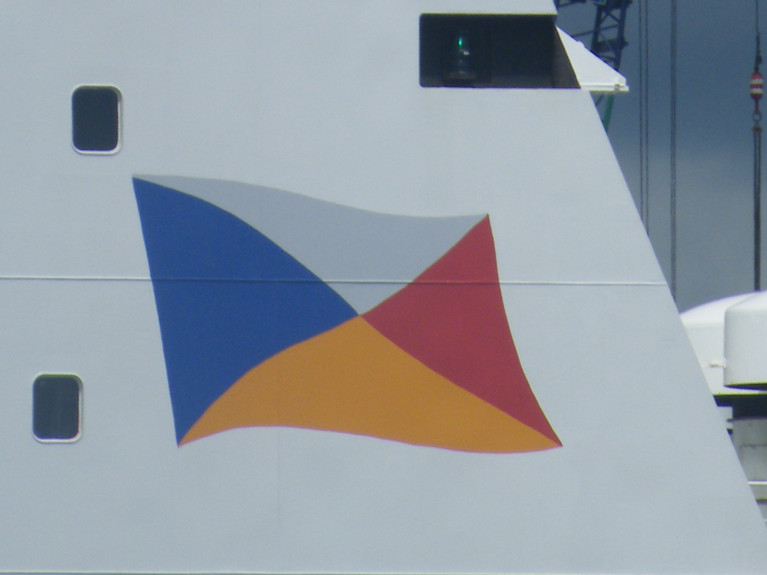 Close up of P&amp;O&#039;s famous &#039;houseflag&#039; on the Dublin-Liverpool ropax Norbay which remains suspended from service and is docked at the port on Merseyside. A sister ferry, Norbank however Afloat adds since Sunday reopened sailings on the core Irish Sea route, for more details read below. 