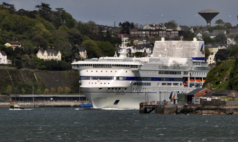 Brittany Ferries have been forced to &#039;cease&#039; all services for the time being, across their route network including Ireland-France/Spain due to Covid-19 advise from governments among them Ireland. Above flagship Pont-Aven which otherwise operates the seasonal Cork-Roscoff route is seen last year arriving in Cork Harbour where on the left is Cobh Cruise Terminal (see blue pontoon) on to the right is the Irish Naval Service Base on Haulbowline Island.