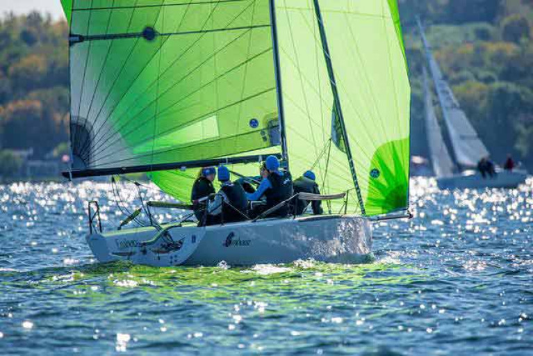 Ireland&#039;s &quot;Embarr&quot; with Prof O&#039;Connell on spinnaker trim at US national Championships in Lake Geneva, Wisconsin
