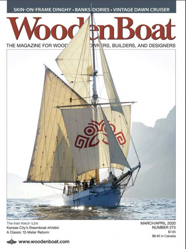  The essence of the restored Ilen is captured in this evocative WoodenBoat cover photo taken in Greenland waters last summer by Gary Mac Mahon, Director of the Ilen Project and skipper for the outward Transatlantic voyage from Limerick to Greenland’s capital of Nuuk 