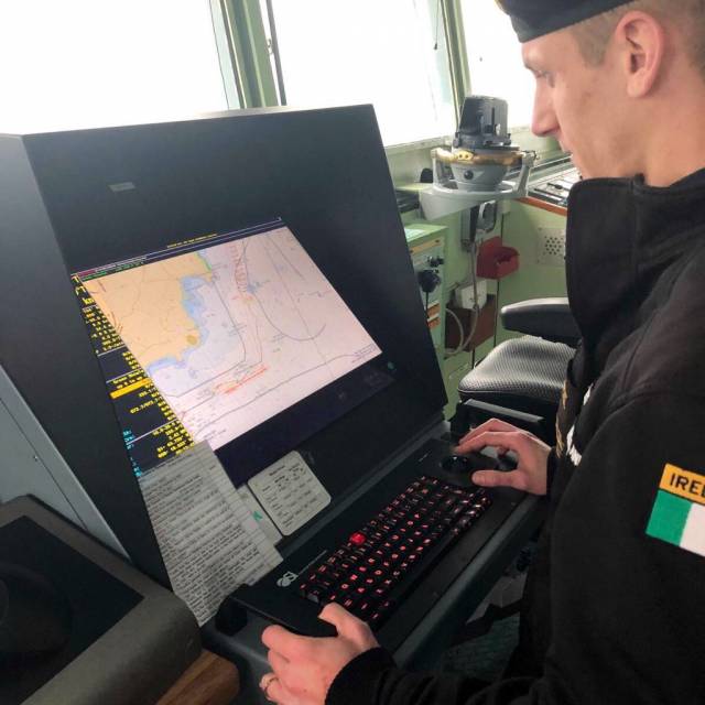 The bridge of the Irish Naval Service flagship, LÉ Eithne accredited as the first ship in the history of the navy to achieve ”paperless navigation”. 