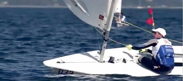 The moment Irish Laser sailor Finn Lynch crosses the line to take his first ever World Championship race win. Scroll to 33 seconds on the video below to see more of the Irish win in Aarhus