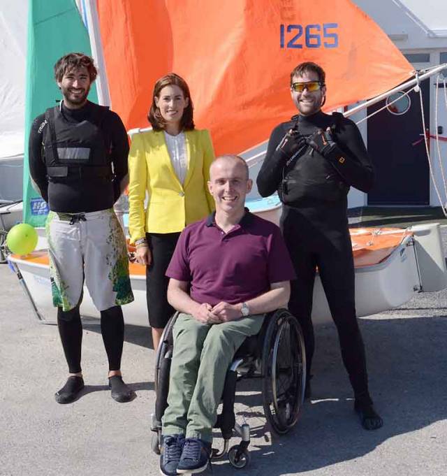 At the opening of the re-vamped GBSC clubhouse on Sunday were (left to right) RS 400 sailor Nicholas Tobo from France, Hildegarde Naughton TD who performed the opening ceremony, former Commodore Gary Allen who heads the GBSC Building Group, and RS 400 crew Stephen Norman (USA) Photo: Murt Fahy