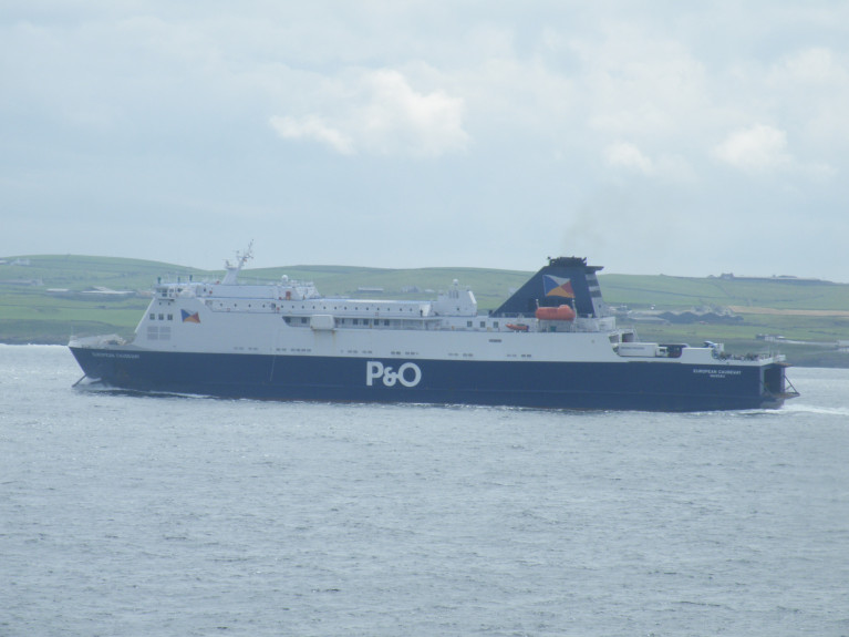 European Causeway underway on the North Channel having departed from Larne. AFLOAT adds the ropax ferry is seen approaching Loch Ryan on the Scottish coast where the ferryport at Cairnryan prepared for a truck incident that took place on board in December 2018
