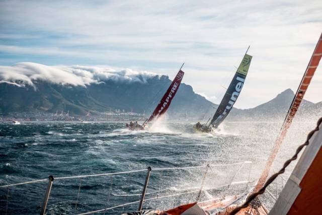 The VOR fleet racing off Table Mountain in the 2014-15 edition